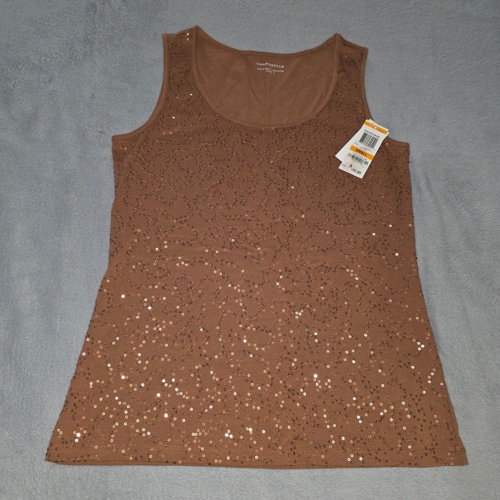 Charter Club Womens Molasses Brown Sequin Cotton Tank Top Size Small NWT New!